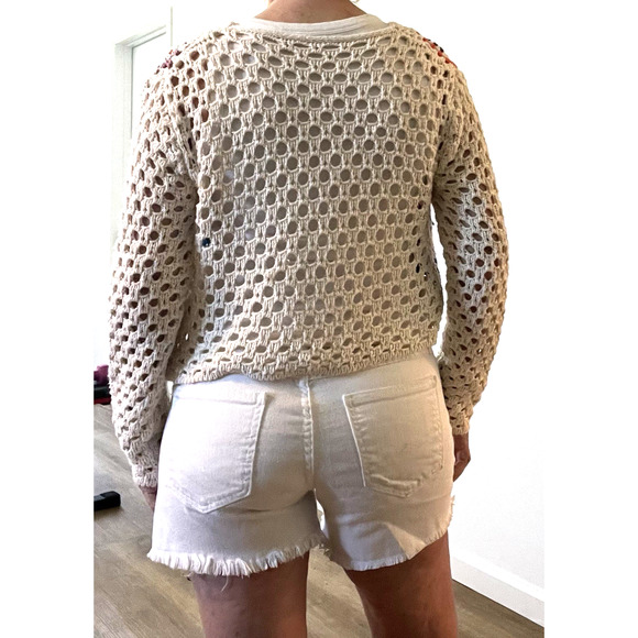 Crochet Colorful Granny Square Cardigan Womens M Boho Festival Ivory Crop Button - Picture 3 of 5